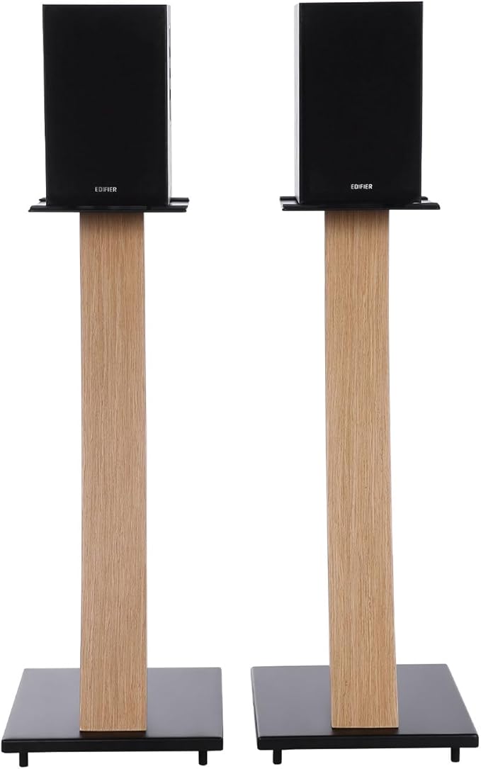 EXIMUS One Pair Fixed Height Universal Speaker Floor Stands with Real Wood - Oak - 290 Series