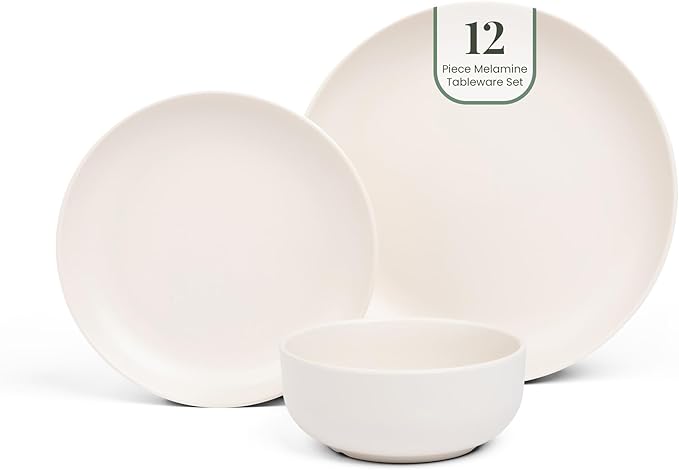 Larder & Vine 12-Piece Melamine Dinnerware Set: Durable, Lightweight, Break-Resistant Plates & Bowls – Stylish, Non-Toxic, Dishwasher Safe – Ideal for Everyday Use, Indoor & Outdoor Dining – Ivory