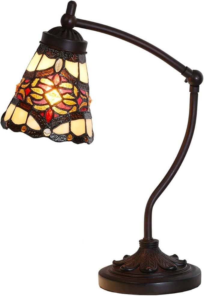 Bieye L10870 Tiffany Style Stained Glass Table Lamp Night Light with Swing Arm Base for Working Reading Home Decoration (Baroque Red)
