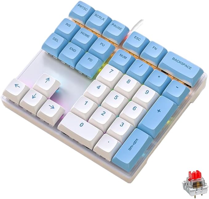 Mechanical Numpad Rainbow Backlit Smooth Red Switches Wired USB Number Pad 33-Key NKRO Numeric Keypad with XDA PBT Keycaps External Keyboard Num Pad for Laptop, Mac - White Blue