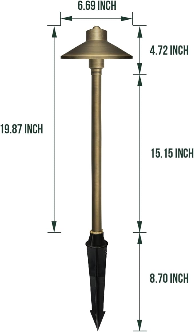 GKOLED Solid Brass Landscape Path Lights (6.7" Shade, 20" Tall), Low Voltage LED 3W 12-24V AC/DC China Hat Path Lighting, 2700K Outdoor Waterproof Walkway Light, with Stake and G4 Bulb, 12 Pack
