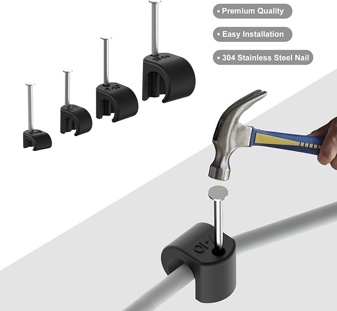 Black Cable Clips Pack of 200, Heavy-Duty Nail in Wire Clips, 304 Stainless Steel, UV and Weather Resistant, Cable Wire Management for Phone and Ethernet Wire, Power Cords, Tube