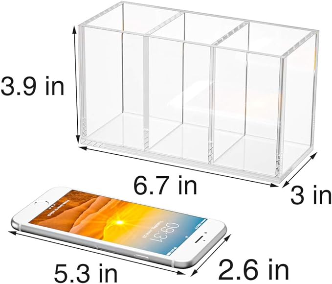 NIUBEE Acrylic Pen Holder 3 Compartments, Clear Pencil Organizer Cup for Countertop Desk Accessory Storage