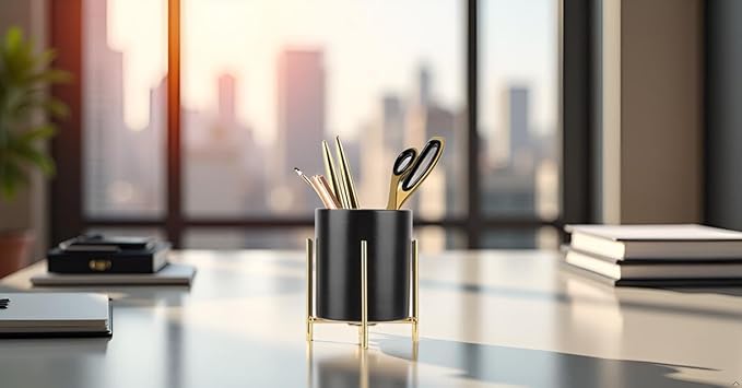 Sturdy Pen Holder Simple and elegant for Desk Matte Pencil Holder Ceramic Cute Desktop Organizer Brush Holder Cup (Black and Gold Plated)