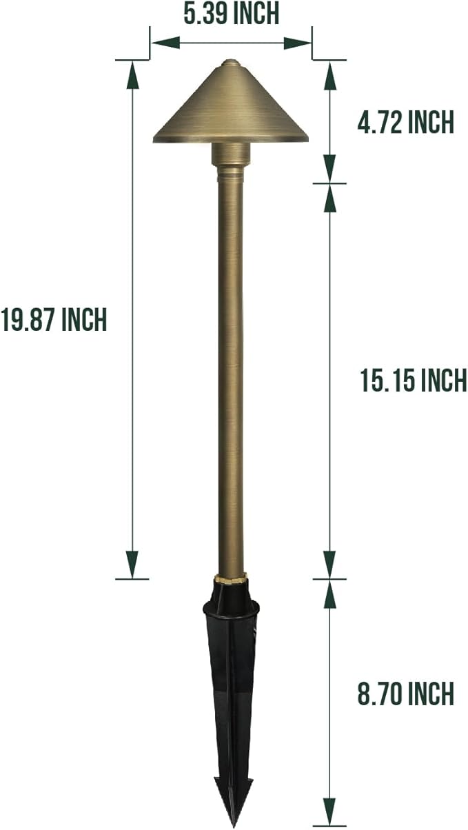 GKOLED Solid Brass Landscape Path Lights (5" Shade, 20" Tall), Low Voltage LED 3W 12-24V AC/DC Conehead Path Lighting, 2700K Outdoor Waterproof Walkway Light, with Stake and G4 Bulb, 2 Pack
