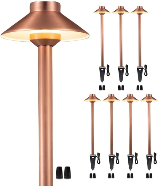 Brass Low Voltage Path Lights(Hat) Outdoor Waterproof IP65, 12v LED Copper Landscape Lights Wired Fixture for Patio Walkway Driveway Garden Yard Without G4 Bulb(8 Pack)