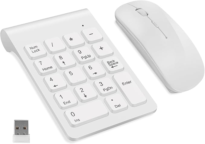TRELC Wireless Numeric Keypad, Mini 2.4G 18 Keys Number Pad, Portable Silent Financial Accounting Numeric Keypad Keyboard Extensions with Wireless Mouse for Laptop, PC, Desktop, Notebook (White)