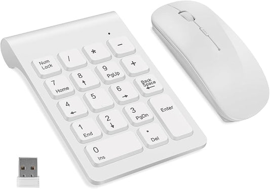 TRELC Wireless Numeric Keypad, Mini 2.4G 18 Keys Number Pad, Portable Silent Financial Accounting Numeric Keypad Keyboard Extensions with Wireless Mouse for Laptop, PC, Desktop, Notebook (White)