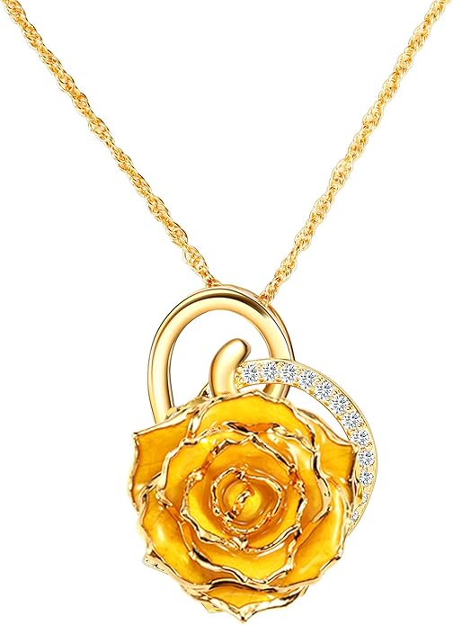 AliveRose Real Rose Gold Dipped Necklace Gifts for Women, 24K Gold Dipped Rose Pendant Necklace Jewelry Mothers Day Anniversaries Birthday Christmas Special Occasions Gifts for Her Mom Wife