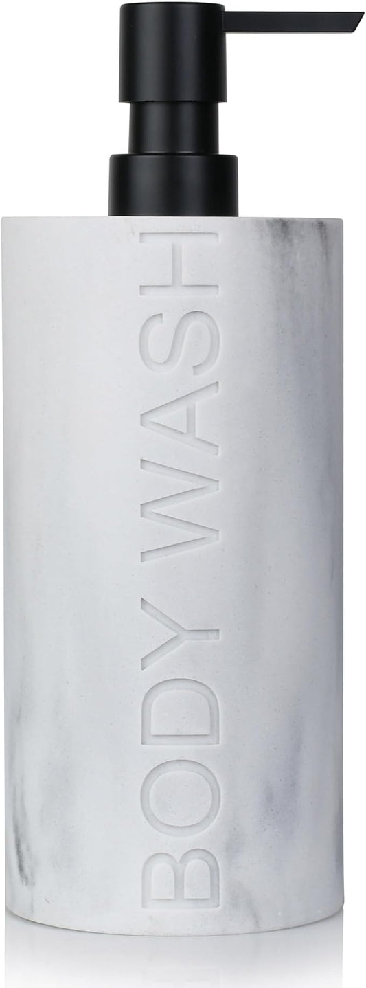 White Body Wash Dispenser Luxurious Refillable Pump Bottle with Embossed Text, Durable Construction for Bathroom and Kitchen