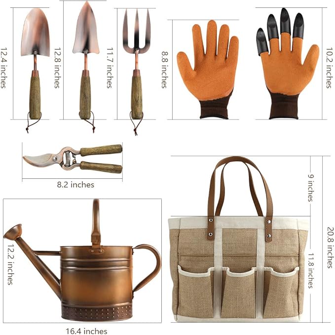 1 Gallon Galvanized Steel Watering Can with 3 Pcs of Garden Tools, 1 Pc of Pruning Shear, 1 Pair of Gardening Gloves，1 Pc of Garden Tools Organizer Tote