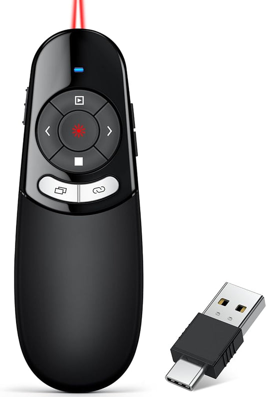 2 in 1 Type C USB Presentation Clicker Red Light, Wireless Presenter Remote PPT Clicker for Computer Presentations, Slide Advancer for Mac Laptop
