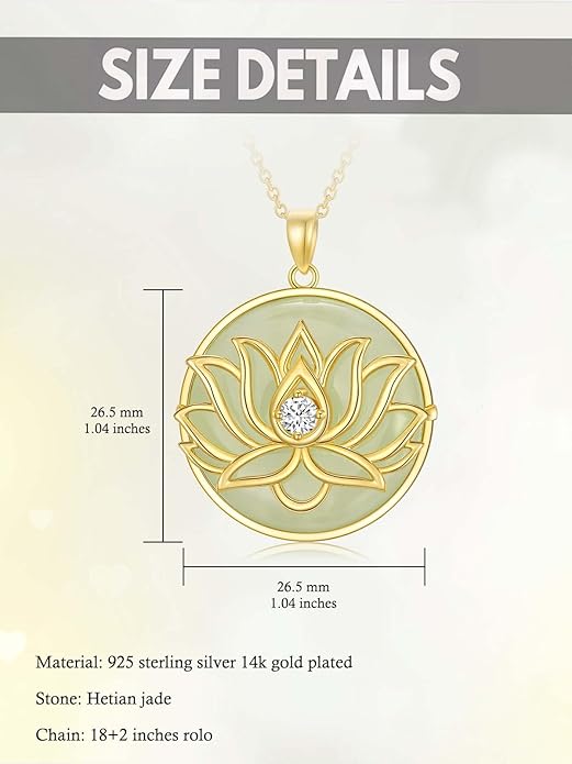Jade Lotus Necklace for Women 14k Gold Plated Sterling Silver Good Fortune Jade Jewelry Birthday Christmas Gifts for Women Mom Wife