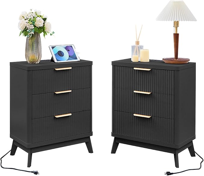 Fluted Nightstand Set of 2 with Charging Station, 23'' Modern Side Table with 3 Large Storage Drawers, Wide Night Stand Bedside End Table Tall Wooden Dresser for Bedroom