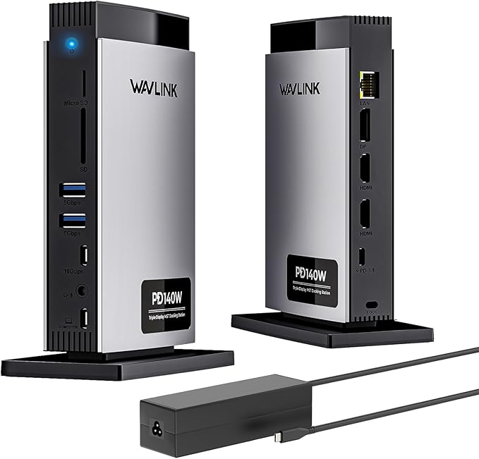 WAVLINK Laptop Docking Station 3 Monitors(Max Resolution: Single 8K or Triple 4K), 11-in-1 USB C Docking Station with 125W PD3.1 Pass-Through & Power Adapter, 2*HDMI + DP, for MacBook M1–M4 & Windows