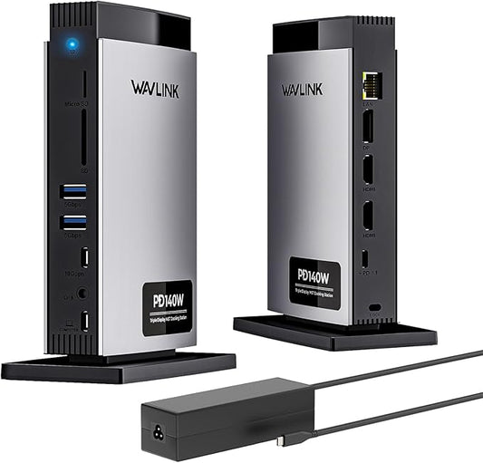 WAVLINK Laptop Docking Station 3 Monitors(Max Resolution: Single 8K or Triple 4K), 11-in-1 USB C Docking Station with 125W PD3.1 Pass-Through & Power Adapter, 2*HDMI + DP, for MacBook M1–M4 & Windows