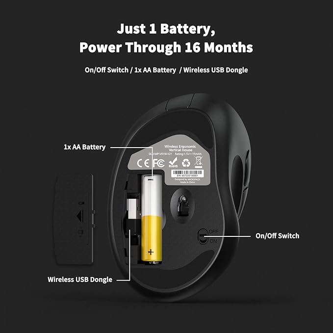 Ergonomic Wireless Mouse with USB Receiver for PC Computer, Laptop and Desktop, Ergo Mouse Vertical with Silent Clicks Long Battery Life, Up to 1600 DPI & 1 AA Battery Powered, Black