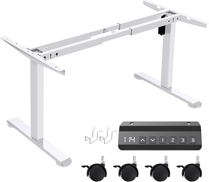 farexon Electric Stand Up Desk Frame Workstation, Dual-Beam Standing Desk Legs with Wheels&Hooks,170 lbs Capacity up to 71" x 40" Desktops, Ergonomic Table Base Workstation, White Frame Only