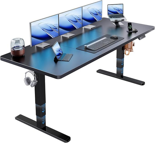 HUANUO 71x30 Inch 3-Stage Legs Electric Standing Desk, Large Height Adjustable Office Desk with Brushless Motor, Stand Up Desk with 4 Memory Presets & 2 Hooks, Computer Desk for Home Office, Black