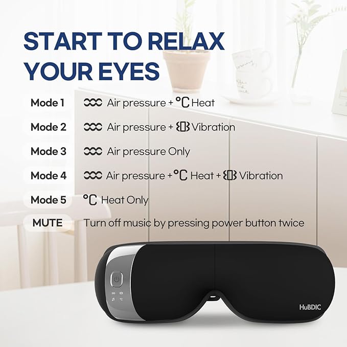 HuBDIC HubiCare Eye Massager with Heat, Vibration, and Music Helps Relieve Strain, Dark Circles, Dryness, and for Migraine Relief Relaxation and Better Sleep Gifts for Women/Men (Black)