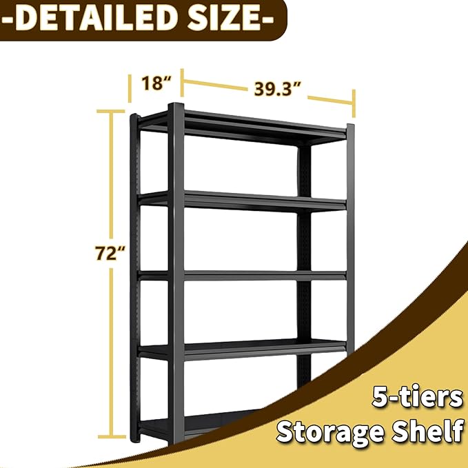 Garage Shelving, Heavy Duty Storage Shelves, Metal Garage Shelves Units, 5-Tier Adjustable Shelf Storage Rack for Industrial, Warehouse, Basement (H72'' W39.3'' D18'')