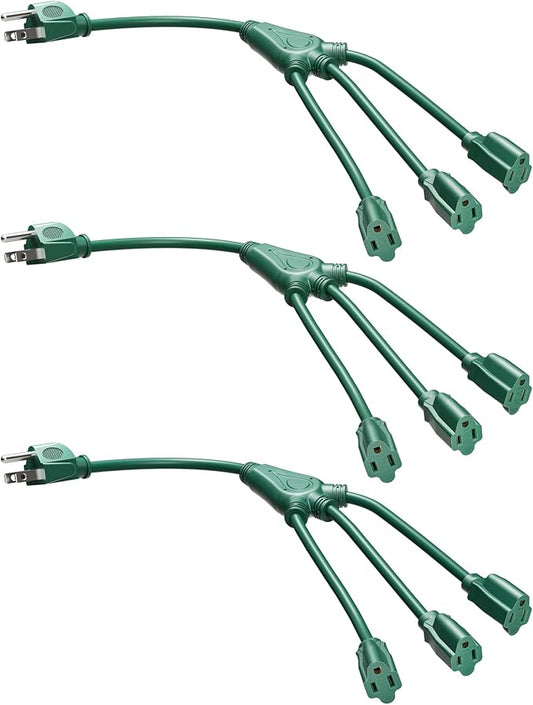 DEWENWILS Extension Cord Splitter 1 to 3, 16/3 Heavy Duty SJTW Wire, 3 Prong Splitter 3 Way, Outdoor Cord Splitter for Halloween Decor Christmas Lights, ETL Listed, Green, Pack of 3