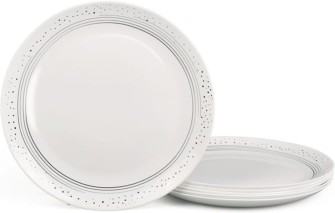 10.5 inch Dinner Plate Set of 6, Lightweight Round Opal Glass Dinnerware Plates, Dishwasher and Microwave Safe, Black Modern Speckled Design