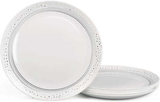 10.5 inch Dinner Plate Set of 6, Lightweight Round Opal Glass Dinnerware Plates, Dishwasher and Microwave Safe, Black Modern Speckled Design