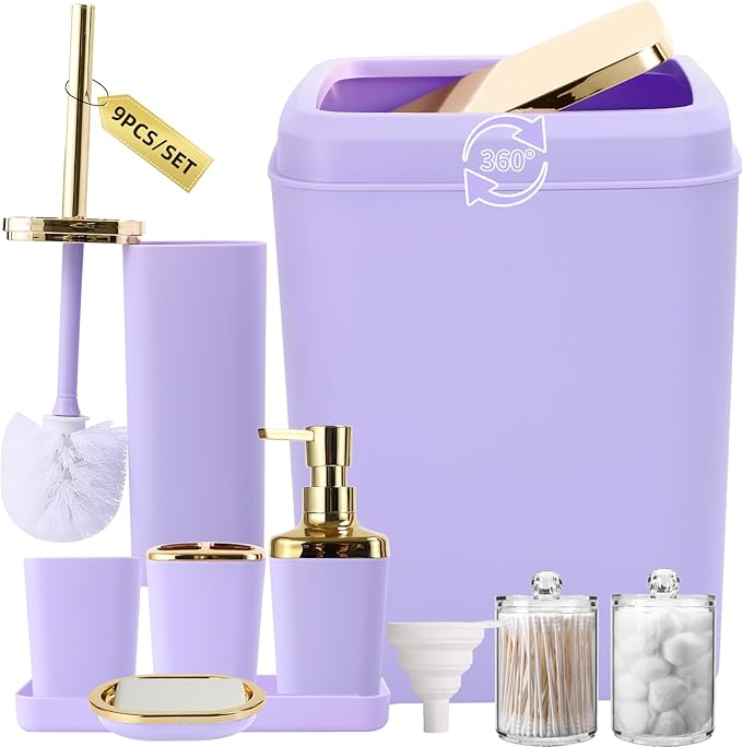 Purple Bathroom Accessories Set, Purple and Gold Bathroom Accessories with Trash Can, Soap Dispenser, Soap Dish, Toothbrush Holder and Q-tip Holders