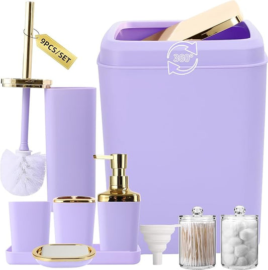 Purple Bathroom Accessories Set, Purple and Gold Bathroom Accessories with Trash Can, Soap Dispenser, Soap Dish, Toothbrush Holder and Q-tip Holders