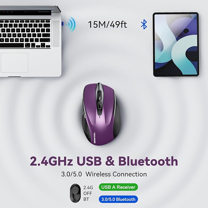 TechRise Bluetooth Mouse (BT5.0/3.0 & 2.4G) Rechargeable Wireless Mouse, 4800 DPI Optical Tracking, 6 Adjustable DPI, 2.4GHz with USB A Receiver, Quiet Clicks, Ergonomic Grips, 6 Buttons - Purple