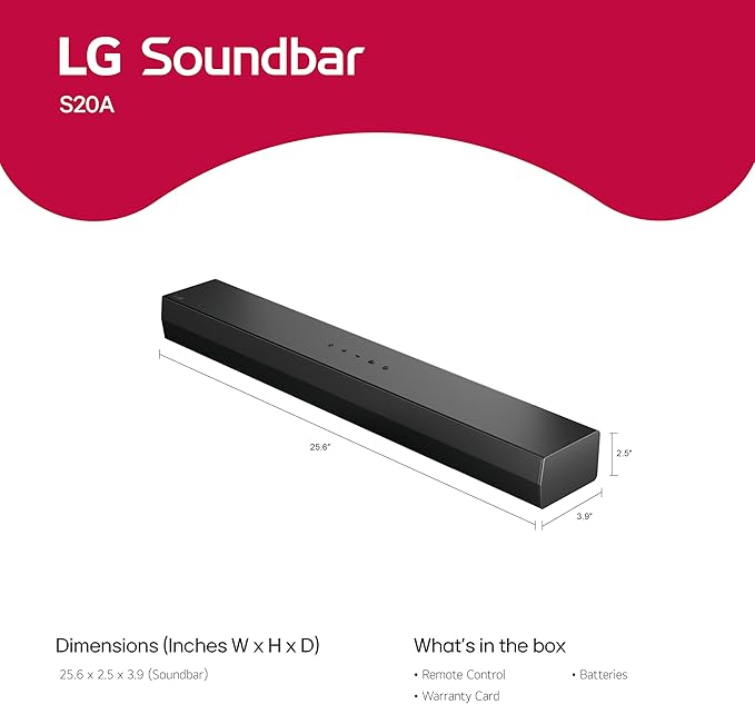 LG S20A 2.0 ch. Soundbar, Dolby Digital, TV Synergy, Wow Interface, DTS Digital Surround (New 2025 Model)