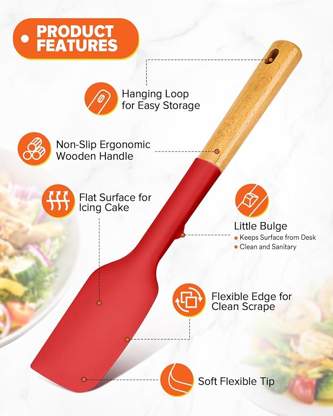 Silicone Spatula Spoon Set, Great for Mixing, Folding, Scraping, and Spreading, Sturdy BPA-Free Matte Silicone, Wooden Handle Rubber Spoonula for Nonstick Cookwares,4 Pack (RED)