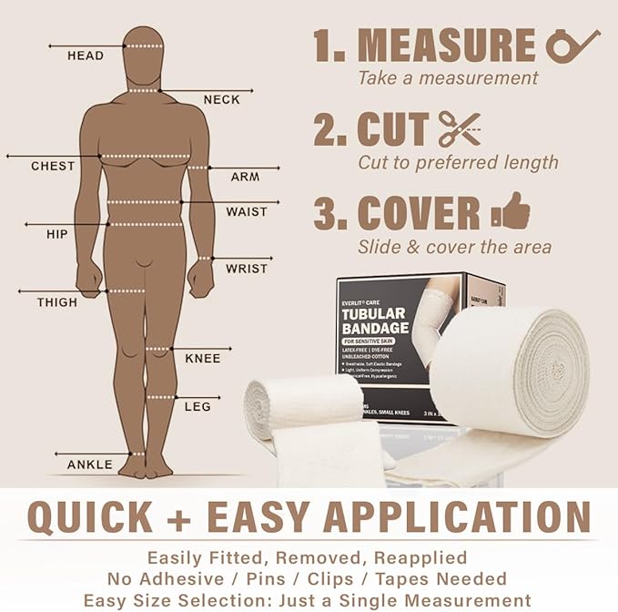EVERLIT 560D Cotton Blend Elasticated Tubular Support Bandage | Latex-Free, Extra-Thick Breathable Stockinette for Arm, Knees, Legs | Moderate to High Compression for Sensitive Skin (D | 3" x 11 yd)