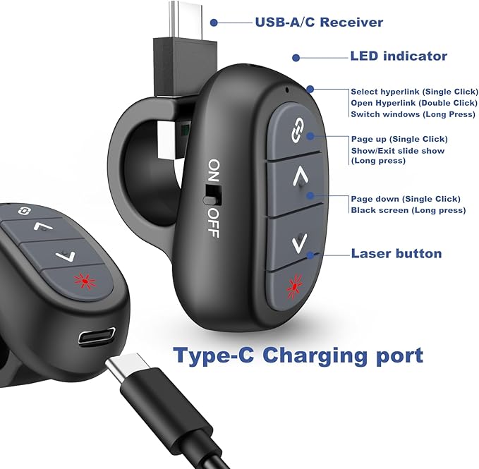 Presentation Clicker PowerPoint Wireless Presenter Remote: USB C Laser Pointer Computer Clickers, Hyperlink Finger Ring Project Power Point PPT Clicker for Mac Laptop Office, Google Slide Advancer