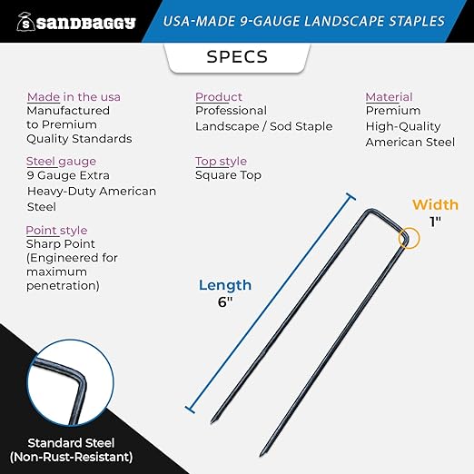 Sandbaggy USA Made 6-inch Landscape Staples - Garden Stakes - Landscaping Fabric, Netting, Sod, Artificial Turf (Heavy Duty, 2000)
