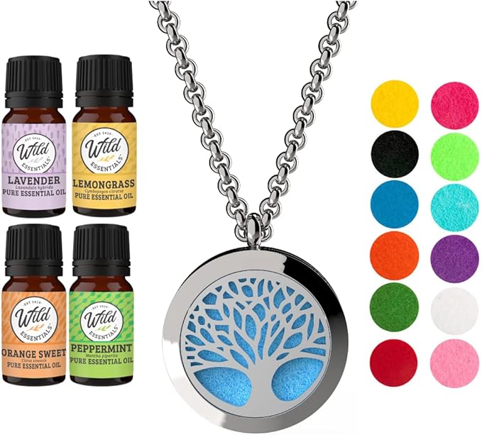 Wild Essentials Tree of Life Necklace Essential Oil Diffuser Kit With Lavender, Lemongrass, Peppermint, Orange Oils, 12 Refill Pads, Calming Aromatherapy Gift Set, Customizable Color Changing, Perfume