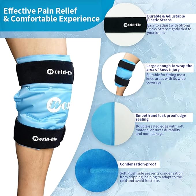 Knee Ice Pack Wrap for Pain Relief, Reusable & Flexible Gel Cold Pack for Leg Injuries, Swelling, Replacement Surgery, Hot & Cold Compress Knee Ice Wrap for Arthritis, Post-Surgery Recovery