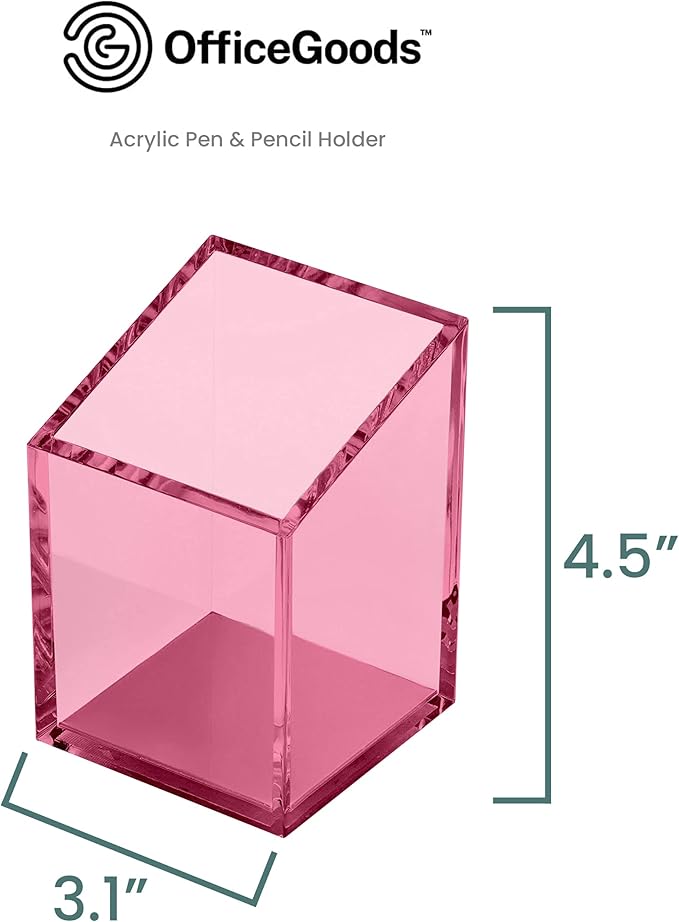 OfficeGoods Acrylic Pen & Pencil Holder - Modern Trapezoid Design - Beautiful Desk Organizer for Home or Office - Contrasting Metal Base - 3" Square w/ 3.5" Front & 4.5" Back - Pink