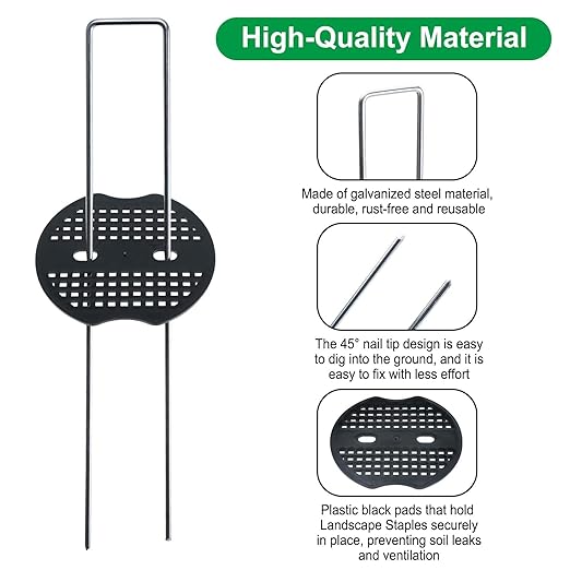 Finderomend 200 Pack Landscape Staples and 200 Pack Gaskets, 11 Gauge 6in Galvanized Steel Garden Staples with Black Pad for Landscape Fabric Supplies for Weed Barrier Fabric
