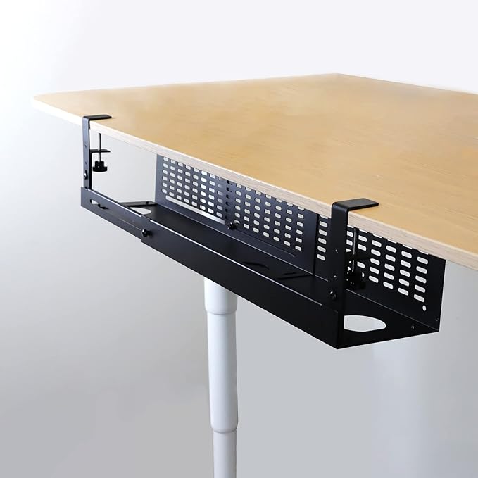 AEONS Under Desk Cable Management Tray Kit - Horizontal Adjustable up to 41” Removable C Clamp Mount Reversible Computer Cord Raceway and Modesty Panel for Large Table, Black