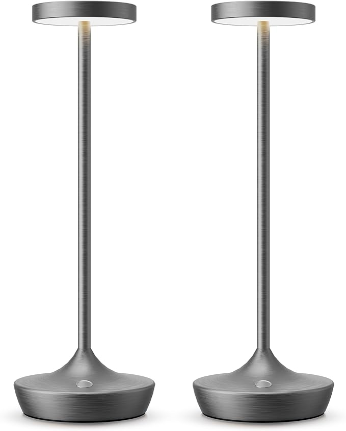 2 Pack Cordless Table Lamps, Battery Operated LED Desk Lamp, 3-Color Stepless Dimming, Portable & Waterproof, for Restaurants, Bedrooms, Bars, Outdoor Parties, Camping, and Cafes (2Pack Gray)