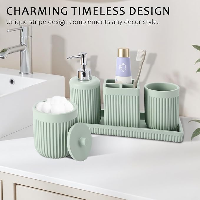 8-Piece Light Green Bathroom Set - Resin Bathroom Accessories Sets Complete with Shower Curtain and Rugs, Soap Dispenser, Toothbrush Holder, Tumbler & Vanity Organizer