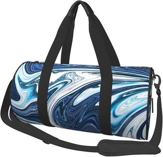 Blue And White Camo Cool Marble Abstract Fluid Liquid Foldable Duffle Bag For Women - Workout Bag For Gym Men - Boy Gym Bag - Girls Small Weekender Duffel Bag - Packable Luggage Bag For Travel Sports