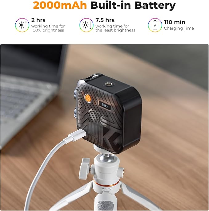 K&F CONCEPT RGB Video Light, 360° Full Color Portable Photography Light, LED Camera Light w 21 Light Effects, 2500K-9900K CRI 96+, 2000mAh Rechargeable Photography Lighting for Vlogging, Selfie, Black