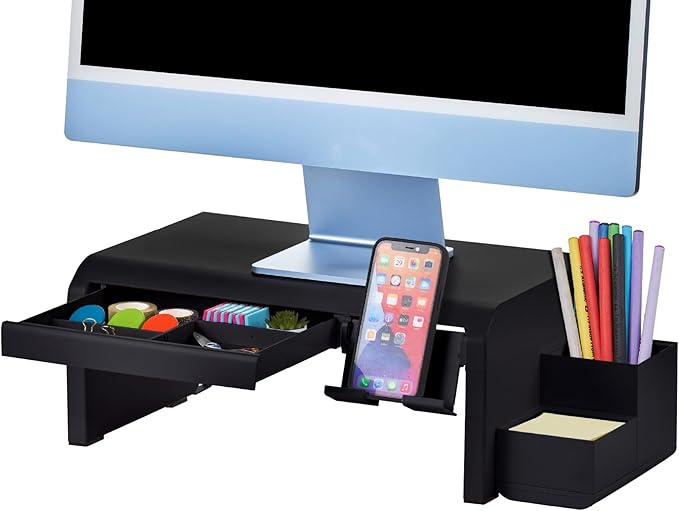 Bostitch Konnect Adjustable Monitor Riser with Drawer, Cell Phone Stand & Pencil Holder, Laptop Stand for Desk, 4 Height Levels, Cable Management & Rubber Feet