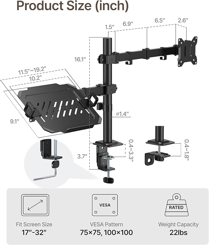 monTEK Monitor Mount and Laptop Stand for Desk, Adjustable Height Monitor Arm Fit up to 32 inch Screen and 17 inch Laptop, Hold up to 22lbs Weight, C-Clamp and Grommet