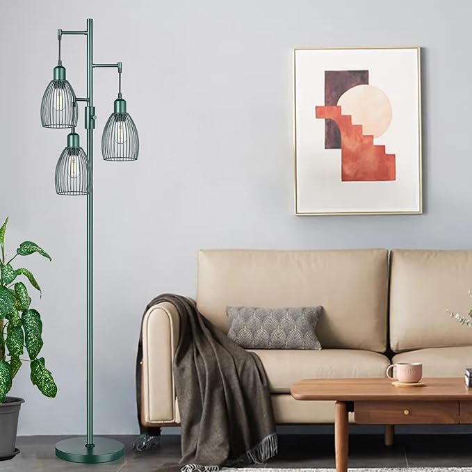 Dimmable Industrial Floor Lamps for Living Room, Green Tree Standing Tall Lamps with 3 Elegant Teardrop Cage Head & 800 Lumens LED Bulbs for Bedroom Office