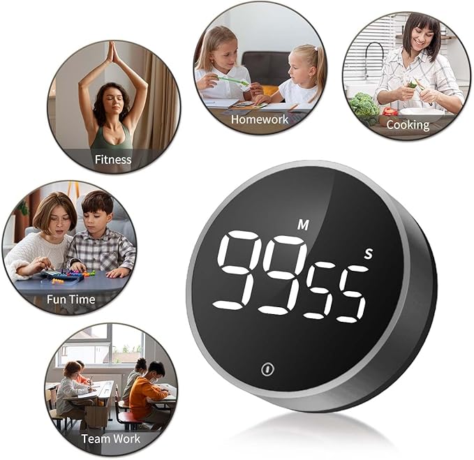 VOCOO Digital Kitchen Timer - Magnetic Countdown Countup Timer with Large LED Display Volume Adjustable, Easy for Cooking and for Seniors and Kids to Use (Space Grey)
