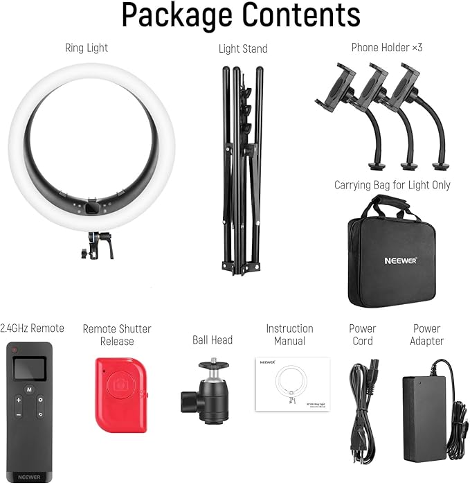NEEWER 19 inch Ring Light with Stand, 3 Phone Holders and Mini Ball Head, Upgraded 2.4G & Touch Control, Smooth Dimming at 1%, 3200K-5600K for Selfie TikTok Live Streaming Video Recording Zoom, RP19H
